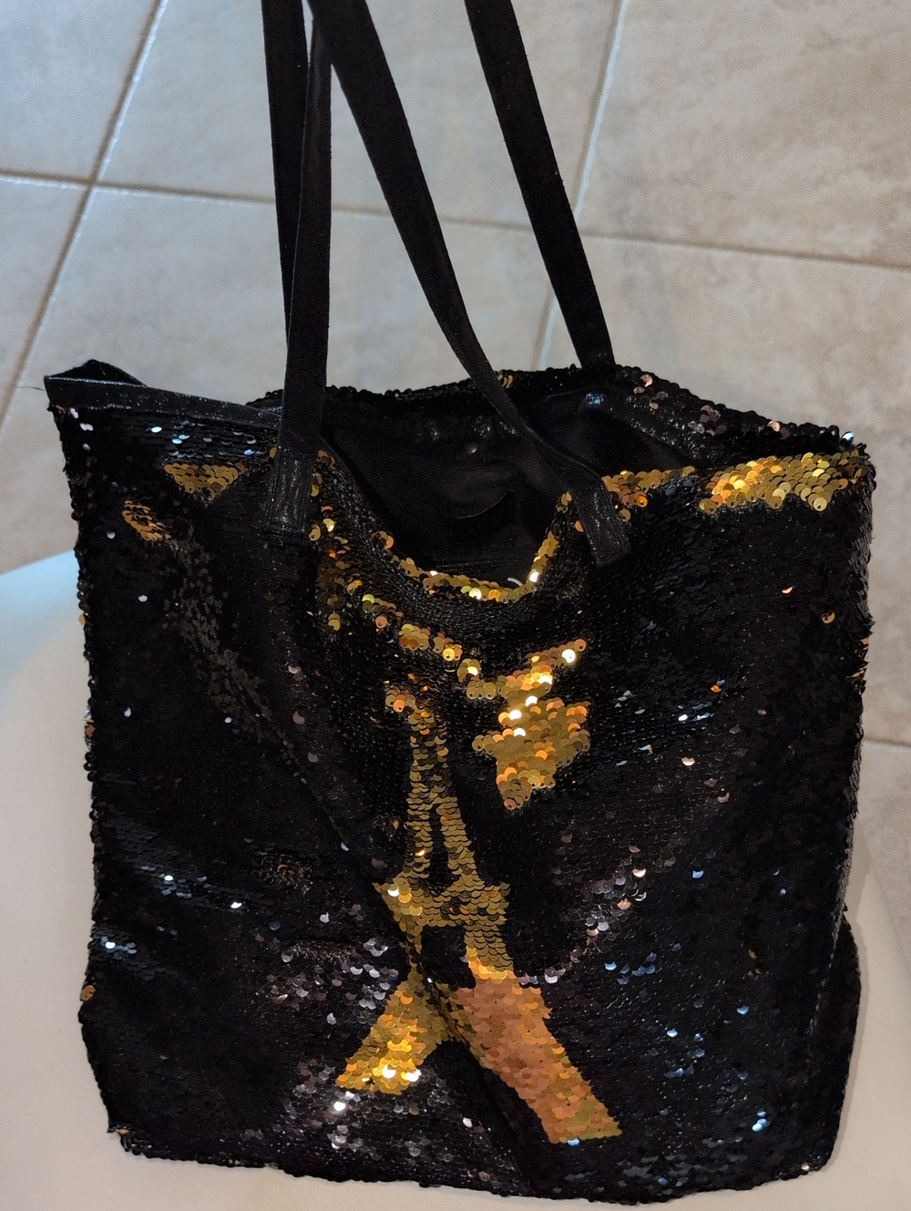 Black and Gold Sequin Paris Tote Bag